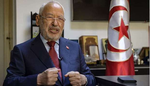 Tunisiau2019s parliament speaker and Ennahdha party leader Rached Ghannouchi speaks during an interview with AFP, at his office in the capital Tunis, yesterday.
