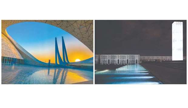 Award winning photograph of the Education City Mosque, left, and Award winning photograph by Francesca-Pompei of the Ceremonial Court in the Education City.