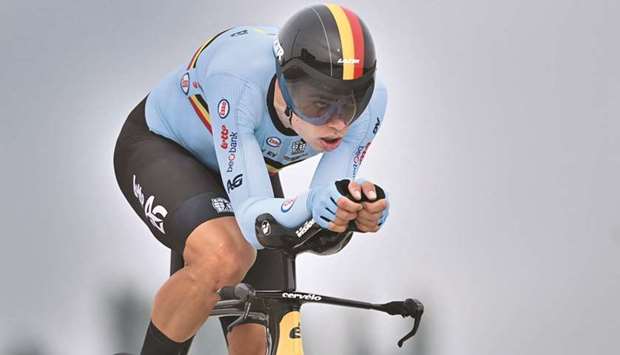 Belgian Wout Van Aert of Team Jumbo-Visma competes in the time trial race during the UCI World Championships Road Cycling Flanders 2021 in Bruges on September 19, 2021. (AFP)