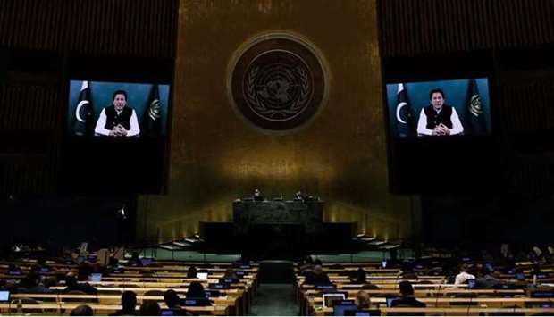 Pakistan's Prime Minister Imran Khan addresses via a prerecorded video the General Debate during the 76th Session of the U.N. General Assembly.