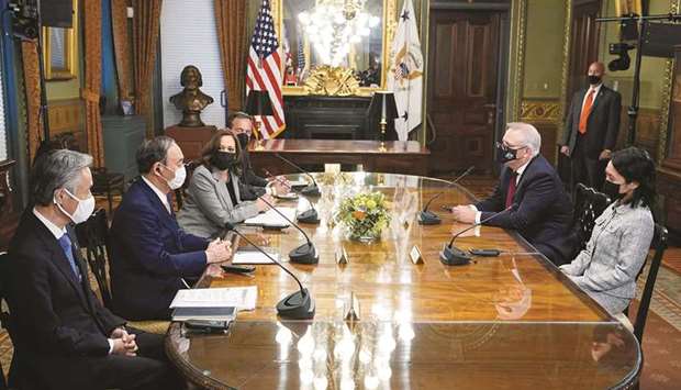 US Vice President Kamala Harris meets with Japanese Prime Minister Yoshihide Suga and Australian Prime Minister Scott Morrison in the vice presidentu2019s ceremonial office of the Eisenhower Executive Office Building at the White House campus in Washington, US.