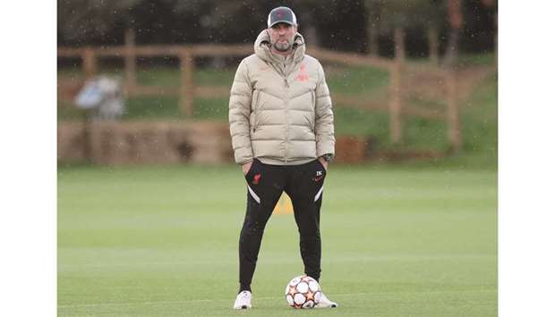 Liverpool manager Juergen Klopp during a training session at Melwood in Liverpool yesterday. (Reuters)