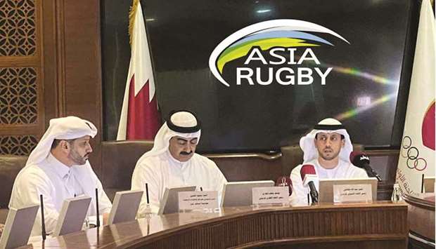 Qatar Rugby, Hockey and Cricket Federation President Yousef Jeham al-Kuwari (centre) during the draw ceremony of the West Asia Rugby Championship.