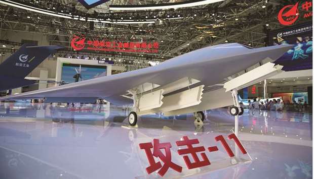 A model of GJ-11 stealth armed reconnaissance drone is seen displayed at the China International Aviation and Aerospace Exhibition (Airshow China) in Zhuhai, Guangdong province on September 28.