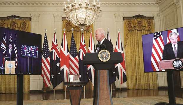 SPOTLIGHT: US President Joe Biden delivers remarks on a National Security Initiative virtually with Australian Prime Minister Scott Morrison and British Prime Minister Boris Johnson inside the East Room at the White House in Washington early this month. (Reuters file photo)