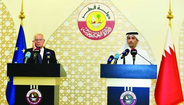 HE Sheikh Mohamed bin Abdulrahman al-Thani with Josep Borrell at the press conference on Thursday. PICTURE: Shaji Kayamkulam