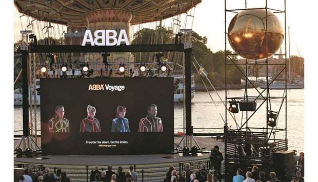 Members of the Swedish group ABBA are seen on a display during their Voyage event at Grona Lund, Sto