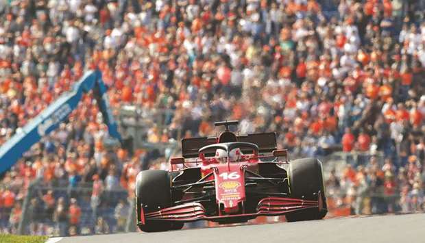 Ferrariu2019s Charles Leclerc in action during practice at the Circuit Zandvoort in the Netherlands, yesterday. (Reuters)