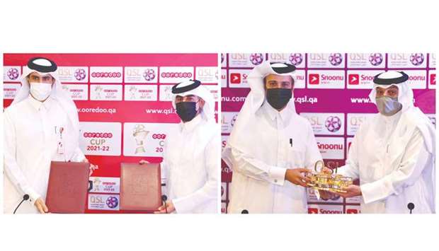Hassan Rabia al-Kuwari (right), Executive Director of Sales, Marketing and Communication at the QSL, and Thani al-Malki, Executive Director Business at Ooredoo, left, and     QSL CEO Hani Taleb Ballan and Snoonu Founder and Chairman of the Board Hamad Mubarak al-Hajri.