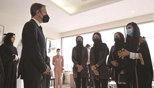 US Secretary of State Antony Blinken and HE the Assistant Foreign Minister and Spokesperson for the Ministry of Foreign Affairs Lolwah bint Rashid AlKhater met with the Afghan all-female robotics team members at Qatar's Education City in Doha on Tuesday.