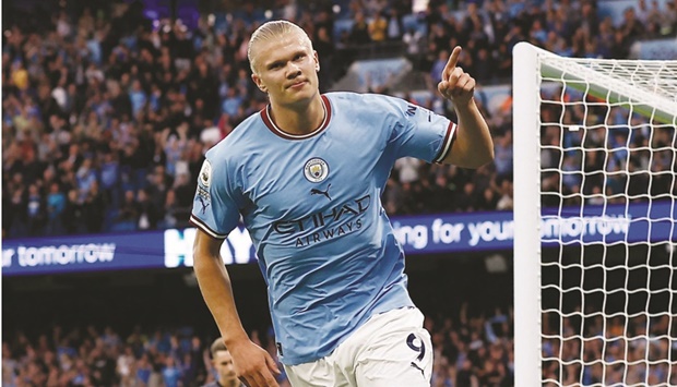 Manchester Cityu2019s Erling Braut Haaland celebrates after scoring against Nottingham Forest in the Premier League in Manchester yesterday. (Reuters)