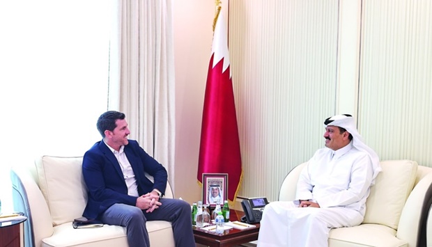 The Undersecretary of the Ministry of Commerce and Industry Sultan bin Rashid al-Khater meets with Scott Taylor, president of the US-Qatar Business Council.