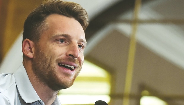 Englandu2019s Twenty20 cricket team captain Jos Buttler speaks during a press conference in Karachi  yesterday. Englandu2019s cricket squad touched down in Karachi on their first tour of Pakistan in 17 years.