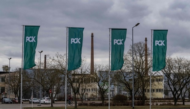 Flags with the PCK logo fluttering at the PCK Industrial Park which houses the PCK Oil refinery, one of the Rosneft's German subsidiaries, just outside Schwedt, some 110 km north of Berlin, northeastern Germany. AFP file picture April 02, 2022