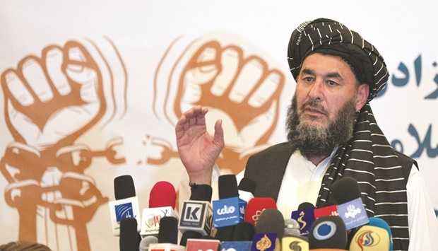 Bashar Noorzai, a warlord and Taliban associate, speaks during a press event at the Intercontinental Hotel in Kabul yesterday. (AFP)