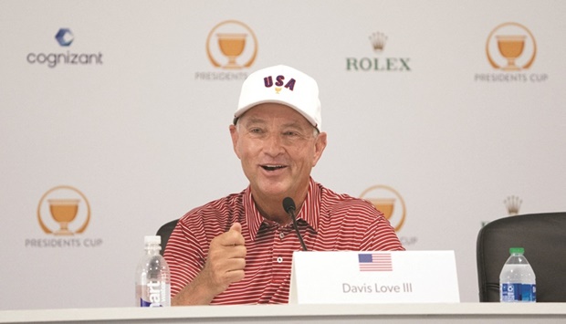 Team USA captain Davis Love III addressing the media during a practice day for the Presidents Cup at Quail Hollow Club in Charlotte, North Carolina, USA. (USA TODAY Sports)