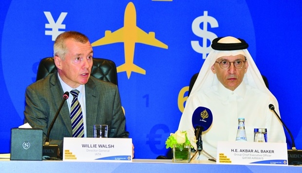 Qatar Airways Group Chief Executive HE Akbar al-Baker and IATA director general Willie Walsh addressing a press conference on the sidelines of the IATA World Financial Symposium (WFS) in Doha Wednesday. PICTURES: Shaji Kayamkulam