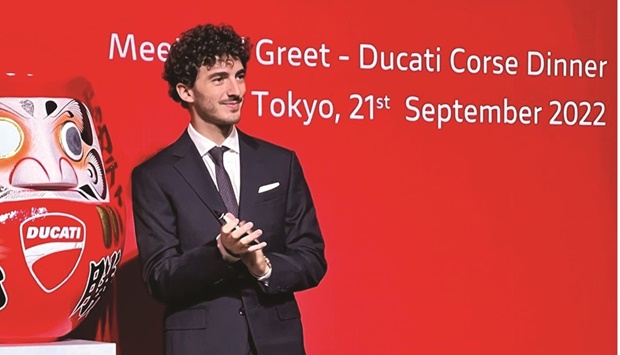 MotoGP rider Franceso  Bagnaia is seen during an event held at the Italian embassy in Tokyo. Bagnaia, who finished in second spot last week at the Aragon GP, will be seen in action with his Ducati bike at the Motegi circuit where the Japanese Grand Prix takes place this  weekend. (@PeccoBagnaia)