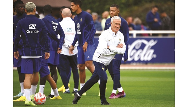 Franceu2019s coach Didier Deschamps reacts during a training session in Clairefontaine-en-Yvelines, France. (AFP)