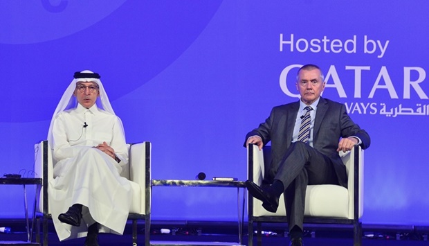 HE Akbar al-Baker and Willie Walsh at a panel session during IATA's 2022 World Financial Symposium in Doha. Picture: Shaji Kayamkulam
