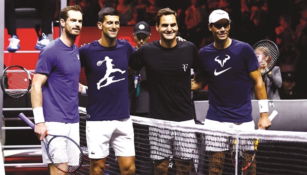 Team Europeu2019s Andy Murray, Novak Djokovic, Roger Federer and Rafael Nadal pose during a practice session ahead of the Laver Cup that starts at the 02 Arena in London today. (Reuters)