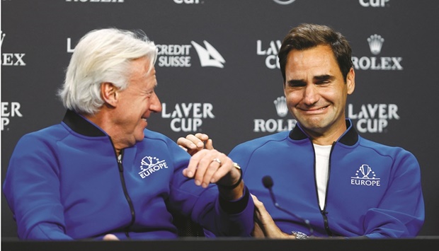 Team Europe captain Bjorn Borg (left) and Roger Federer react during a press conference yesterday, ahead of the Laver Cup at 02 Arena in London. (Reuters)