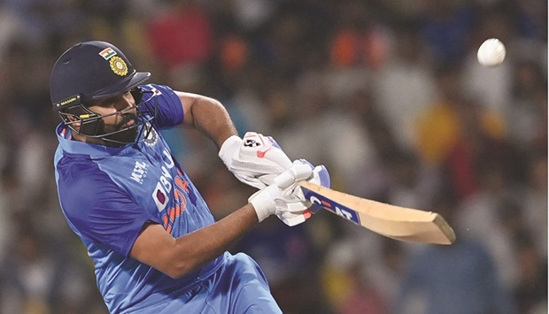 Indiau2019s captain Rohit Sharma plays a shot during the second Twenty20 international against Australia at the Vidarbha Cricket  Association stadium in Nagpur yesterday. (AFP)