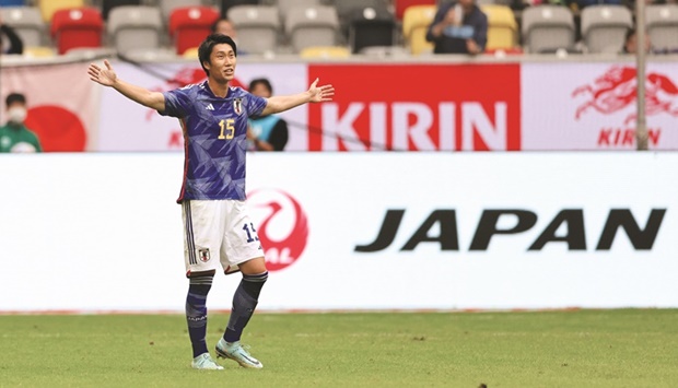 Japanu2019s Daichi Kamada celebrates after scoring against the US in a friendly match in Dusseldorf, Germany, yesterday. (Reuters)