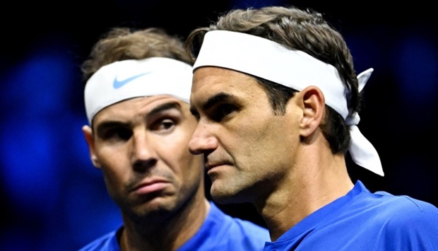 Team Europe's Roger Federer and Rafael Nadal during their doubles match against Team World's Jack Sock and Frances Tiafoe.  Action Images via Reuters/Dylan Martinez
