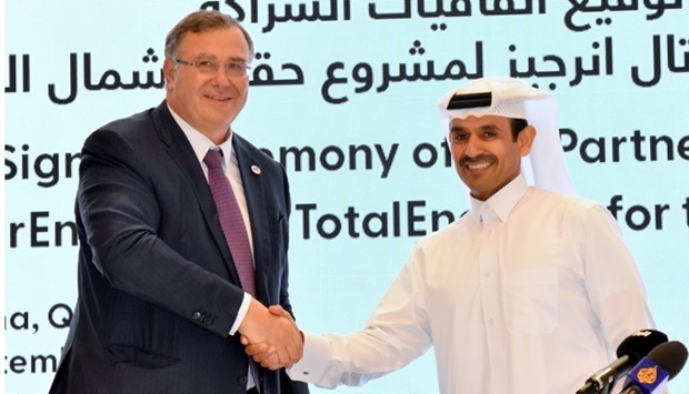 The partnership agreement was signed by HE the Minister of State for Energy Affairs, Saad Sherida al-Kaabi, also President and CEO of QatarEnergy and Patrick Pouyannu00e9, chairman of the Board and CEO of TotalEnergies, during a ceremony held Saturday at QatarEnergyu2019s headquarters at West Bay: PICTURE: Thajudheen