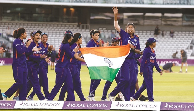 Indiau2019s Jhulan Goswami (second right) and teammates celebrate after winning the third ODI against England at Lordu2019s in London yesterday. (Reuters)