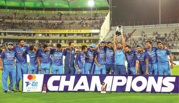 Indian players celebrates winning the third and final T20 international against Australia in Hyderabad yesterday. India won the three-match series 2-1. (BCCI)