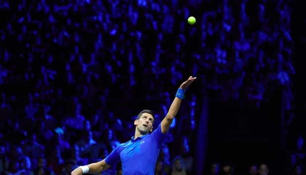 Novak Djokovic (SRB) serves against Frances Tiafoe (USA) in a Laver Cup singles match. Photo by Peter van den Berg-USA TODAY Sports