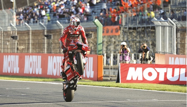 Ducati Lenovou2019s Jack Miller celebrates winning the Japanese Grand Prix in Motegi, Japan, yesterday. (Reuters)
