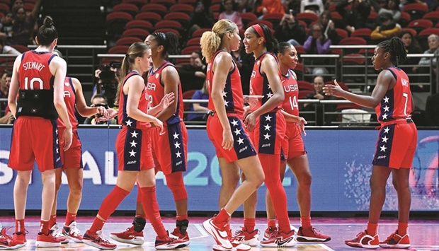 Team USA celebrates their win after the Womenu2019s Basketball World Cup group A game against South Korea in Sydney yesterday. (AFP)