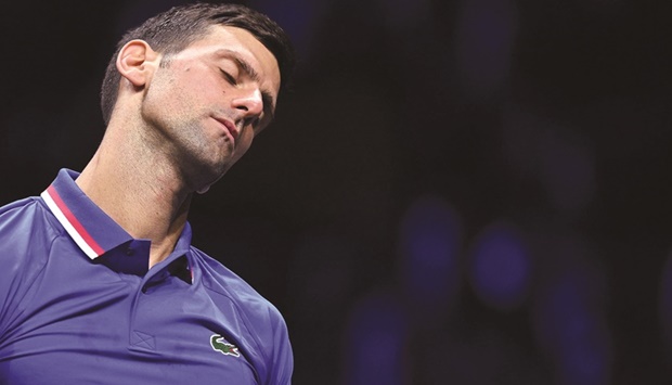 Serbiau2019s Novak Djokovic of Team Europe reacts after losing a point against Canadau2019s Felix Auger-Aliassime of Team World during their 2022 Laver Cup match at the O2 Arena in London on Sunday. (AFP)