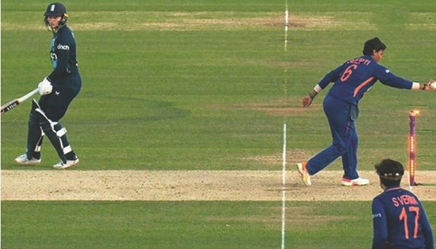 This TV grab shows Indiau2019s Deepti Sharma running out Englandu2019s Charlie Dean during their third and final One Day International at Lordu2019s on Saturday. The run out has sparked controversy among cricket fans around the world.