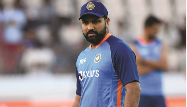 Indiau2019s captain Rohit Sharma before the start of the third T20I against Australia at the Rajiv Gandhi International Cricket Stadium in Hyderabad on Sunday. (AFP)