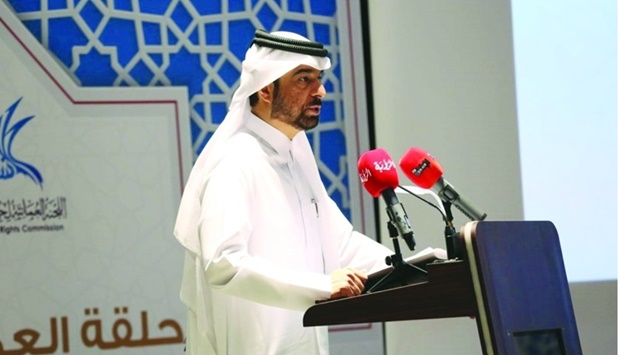 HE the Secretary-General of the National Human Rights Committee (NHRC) Sultan bin Hassan al-Jamali speaking at the event.