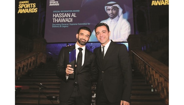 Secretary-General of the Supreme Committee for Delivery & Legacy Hassan al-Thawadi (left) won a special leaders appreciation award at the Leaders Sports Awards in London on Tuesday. 