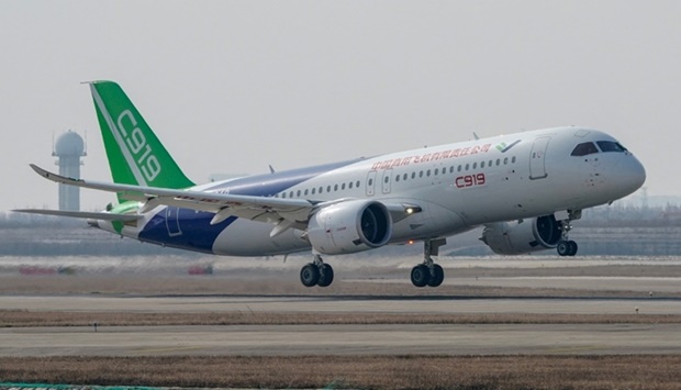 The third prototype of China's home-built passenger jet C919 takes off during its first test flight at Shanghai Pudong International Airport in Shanghai, China December December 28, 2018. REUTERS