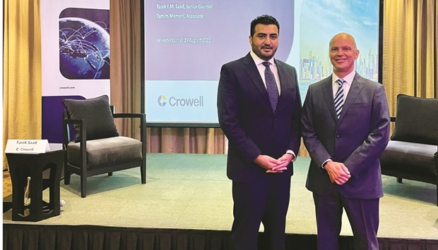 Tarek Saad, senior counsel in Crowellu2019s Doha office, and Tamim Momeni, a Doha-based associate, during the event.