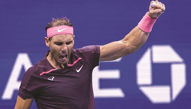 Spainu2019s Rafael Nadal celebrates after defeating Franceu2019s Richard Gasquet during their 2022 US Open match at the USTA Billie Jean King National Tennis Center in New York yesterday. (AFP)