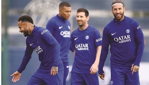 From left: Paris Saint-Germainu2019s Neymar, Kylian Mbappe, Lionel Messi and Sergio Ramos take part in a training session yesterday on the eve of their Champions League match against Juventus in Saint-Germain-en-Laye outside Paris yesterday. (AFP)