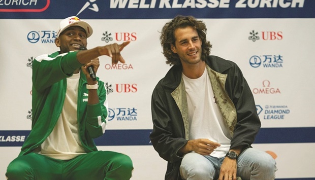 Qataru2019s Mutaz Barshim (left) and Italyu2019s Gianmarco Tamberi at a press conference in Zurich yesterday.