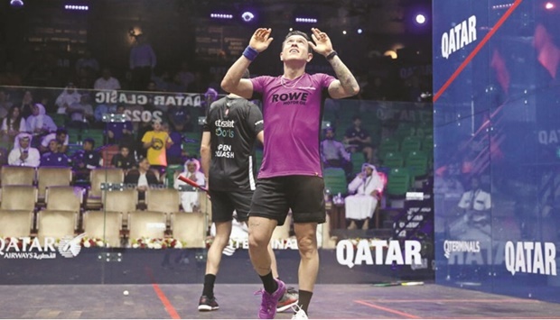 Miguel Rodriguez of Colombia celebrates after defeating top seed Ali Farag of Egypt in the QTerminals Qatar Classic at the Khalifa Tennis and Squash Complex yesterday.