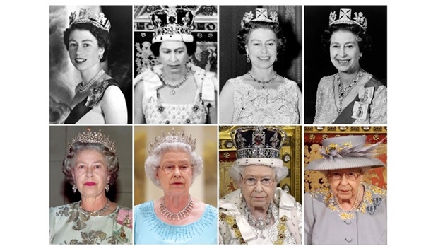 A combination of pictures created in London on August 17, 2018 shows portraits of Britain's Queen Elizabeth II in every decade of her reign: (top L-R) posing for an official portrait in 1953, during the state opening of parliament in London in 1966, posing for an official portrait in 1972, posing for an official portrait in 1987, (bottom L-R) on a visit to Paris in 1992, speaking during a State Visit to Singapore in 2006, during the state opening of parliament in London in 2013 and during the state opening of parliament in London in 2021.