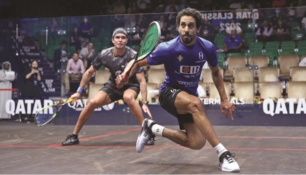 Egyaptu2019s Tarek Momen (right) and Peruu2019s Diego Elias in action during their quarter-final match on Thursday.