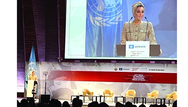 Her Highness Sheikha Moza bint Nasser addresses the gathering in Paris Friday. Picture from QNA Twitter.
