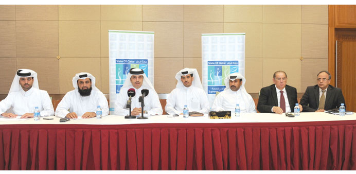 Dr Mohamed al-Thani (third left) and other officials at the press conference yesterday.